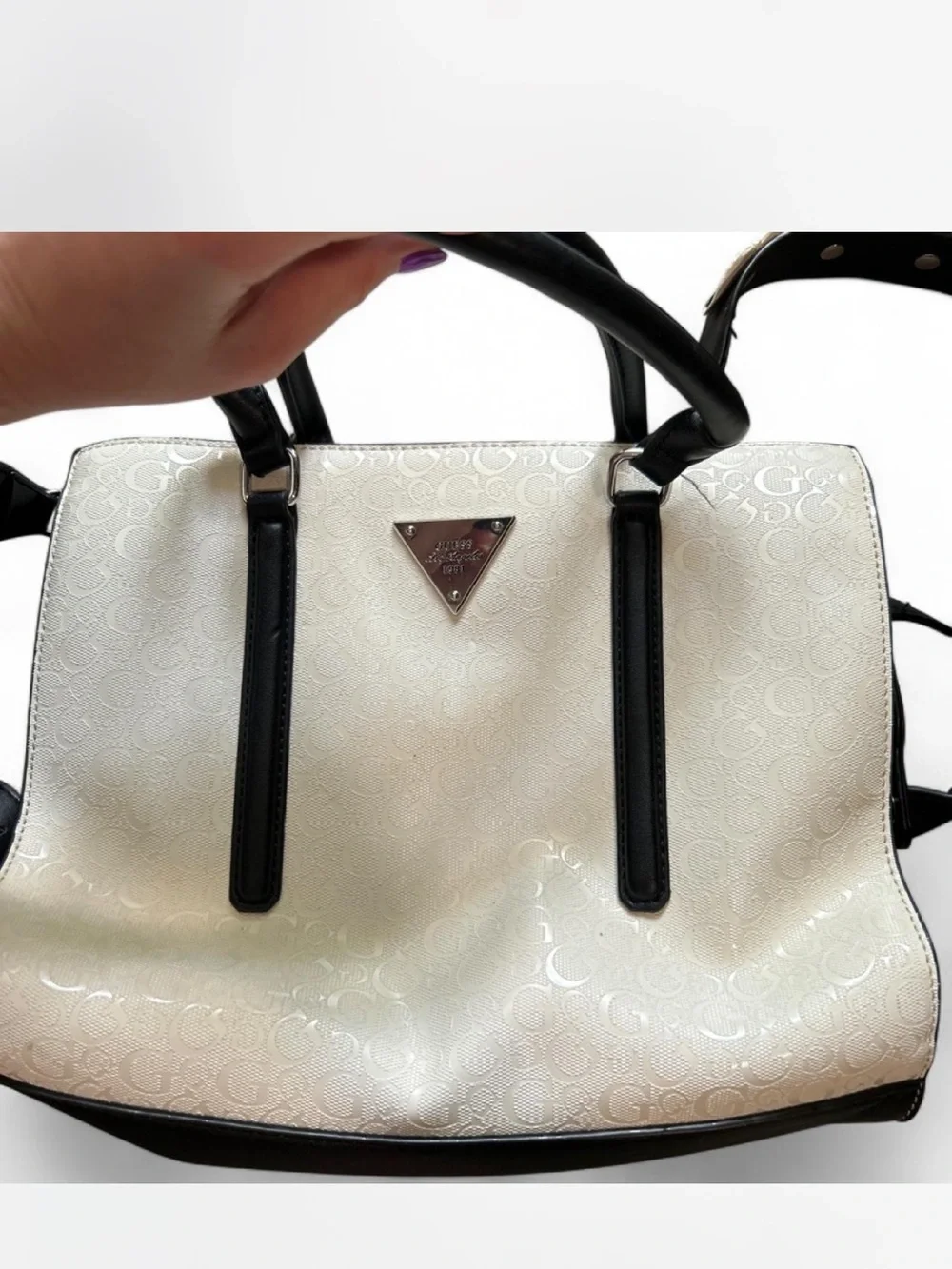 Guess White and Black Logo-Print Satchel with Strap